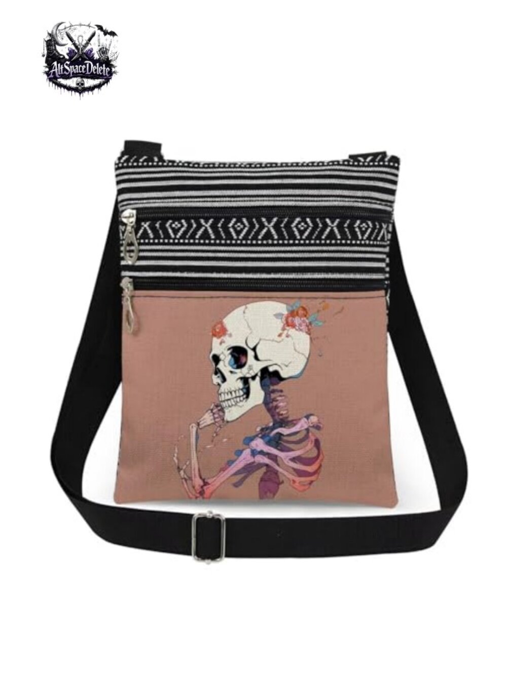 Skeleton Print Polyester Crossbody Bag Adjustable Strap Travel Purse